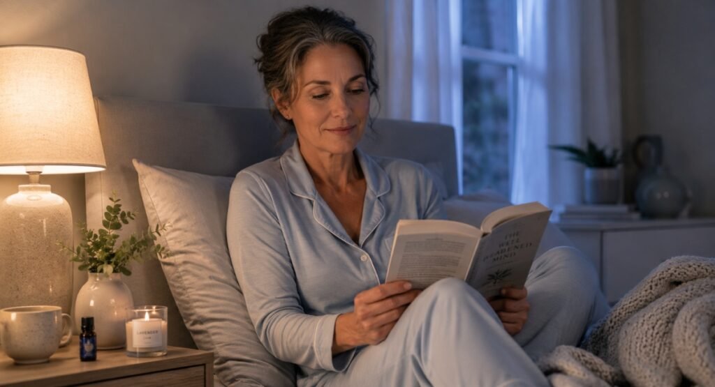 Woman practising sleep hygiene tips for menopause — cool bedroom relaxation routine natural sleep aids