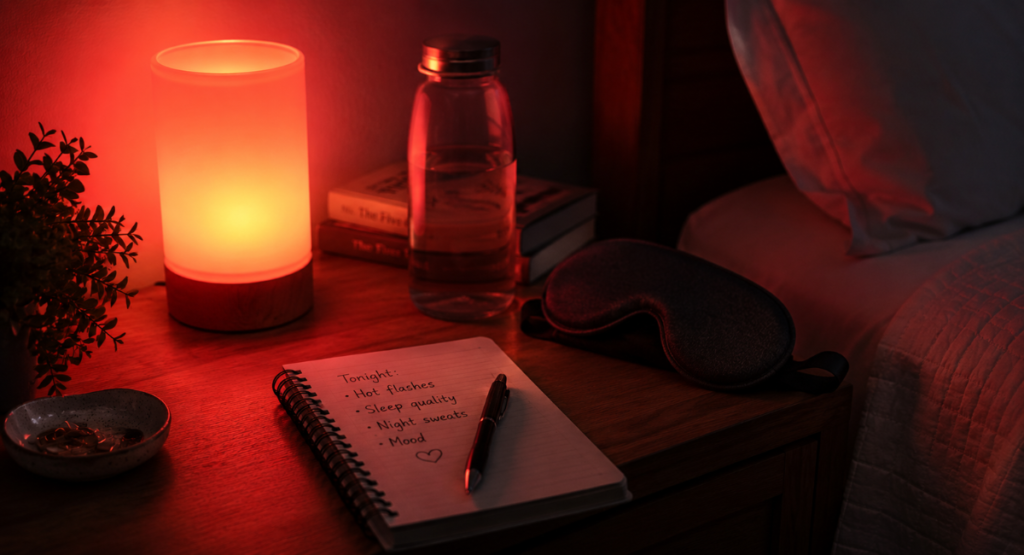 Nightstand with pen, paper log, and dim red nightlight for logging night sweats without disrupting sleep