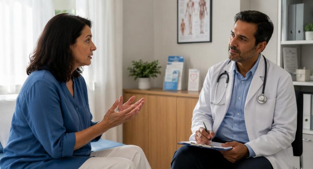 Patient discussing night sweats with a doctor during consultation
