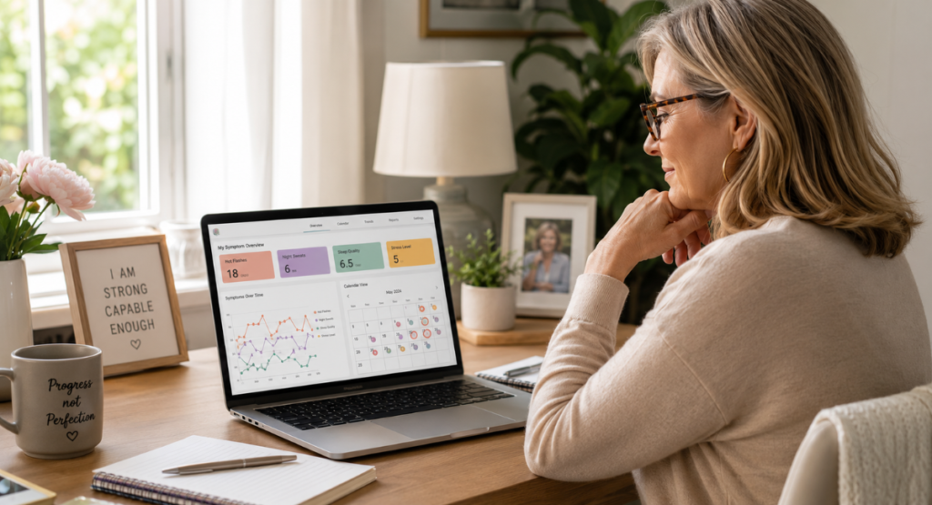 Woman reviewing her hot flash tracking log on a laptop screen with charts and calendar